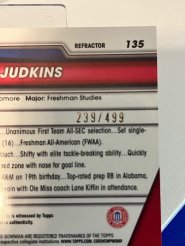 2023 Bowman University Chrome - Chrome Prospect Autographs Quinshon Judkins #135 - Bild 3 von 3