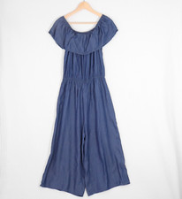 Kings Road Chambray Jumpsuit Size M Blue Ruffle Neckline Cropped Wide Leg Tencel
