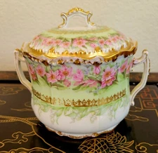 Elite Limoges Large Green Gold Encrusted Cabbage Rose Covered Sugar Bowl Lid Set