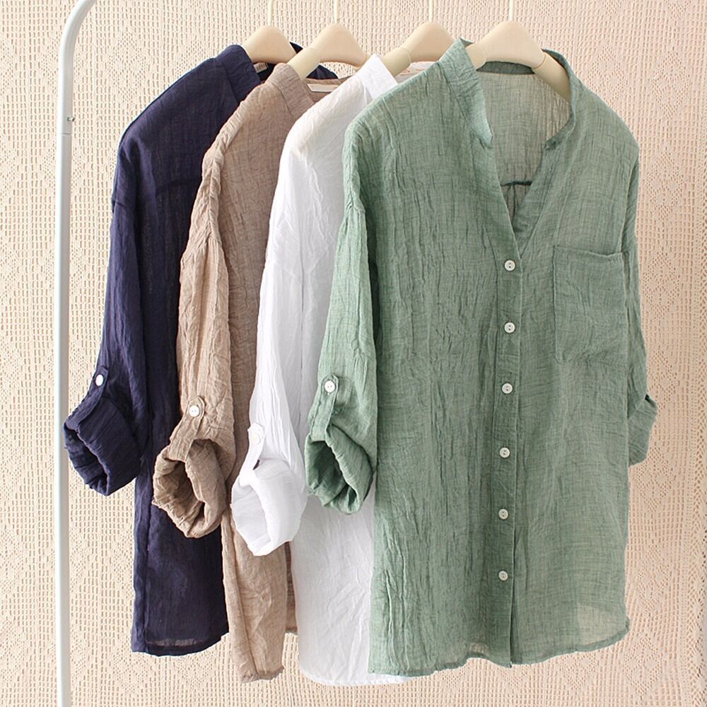 Vintage Linen Button-Down Blouse Long Sleeve Casual Cardigan Top for Women