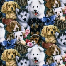 Cute Puppies In Basket Garden Floral Fleece Fabric 58" By The Yard Dog Breed