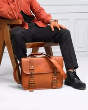 Brown Handmade Goat Leather Men's Satchel Laptop Messenger Shoulder Briefcase