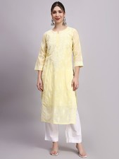 Women  s Yellow Chikankari Kurti Embroidered Cotton Ethnic Kurta with Camisole