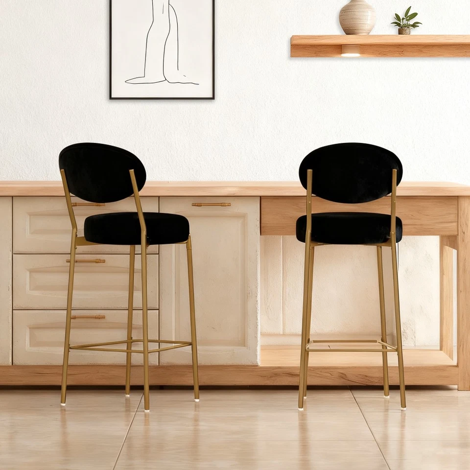Modern Velvet Bar Stools Gold Metal Legs Round Kitchen Island Home Bar - Image 4 of 4