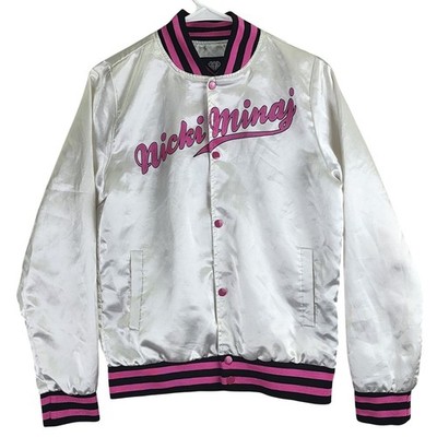 Nicki Minaj Satin Varsity Bomber Jacket Womens M White Pink Graphic Streetwear