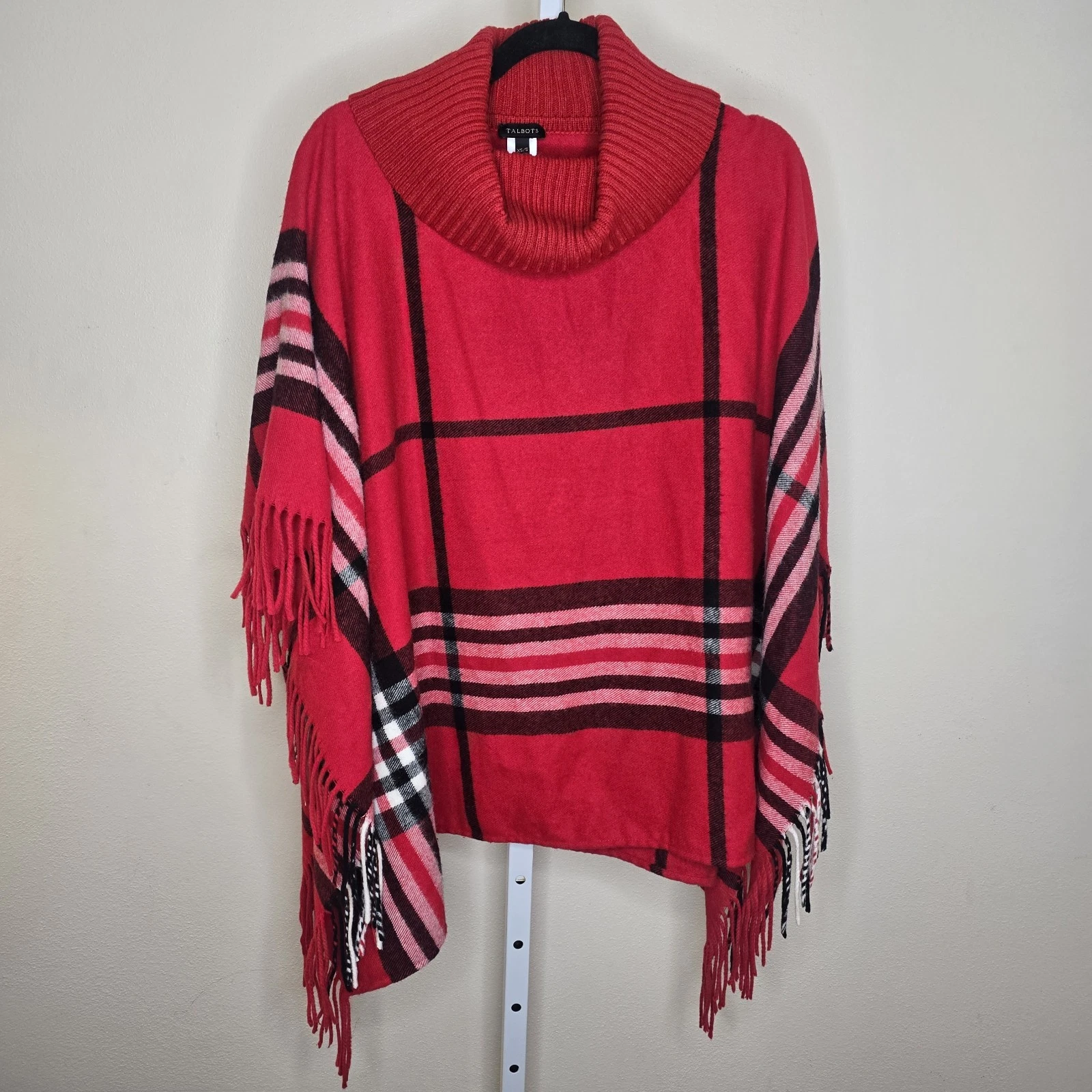 Talbots Women's XS/S Fringed Poncho Red Plaid Cowl Neck