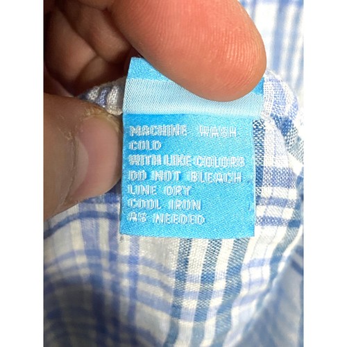 J McLaughlin Linen Button Down Blue White Plaid Shirt Mens Large Front Pocket - Picture 7 of 7