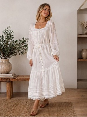 Caroline Constas White Lace Maxi Dress Button Front Long Sleeve L | eBay