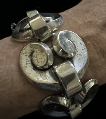 1940 s Vintage Silver Tone Wide Bracelet Chunky Architectural Statement