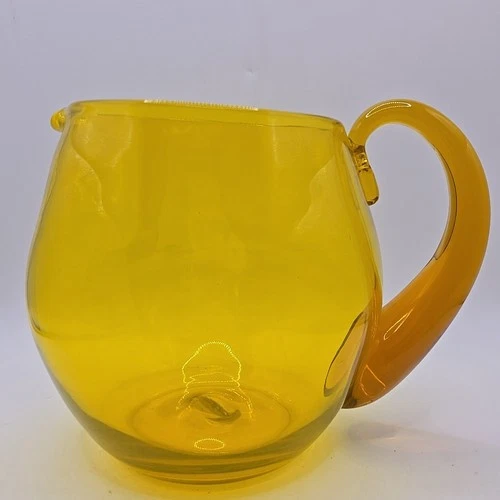 Vintage Hand Blown Art Glass Topaz Pitcher Jug Blenko? 5.5 In X 5.5 In Chunky