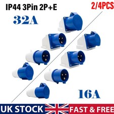 2-4x Blue 3 Pin 16A / 32A 230V Industrial Connector Plug Socket Male Female 2P+E