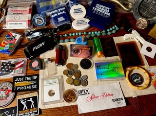 Junk Drawer Lot. Coins Copper Tennessee Patches Gold Lighter Dollar Hitch