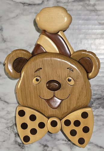 Vtg Wooden Teddy Bear Head Hand Made Multi Tone Wood Donald Van Arsdale 1991...