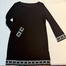 Tiana B Black Shift Dress Large Embellished Hem & Cuff Long Sleeve Dress Statmen