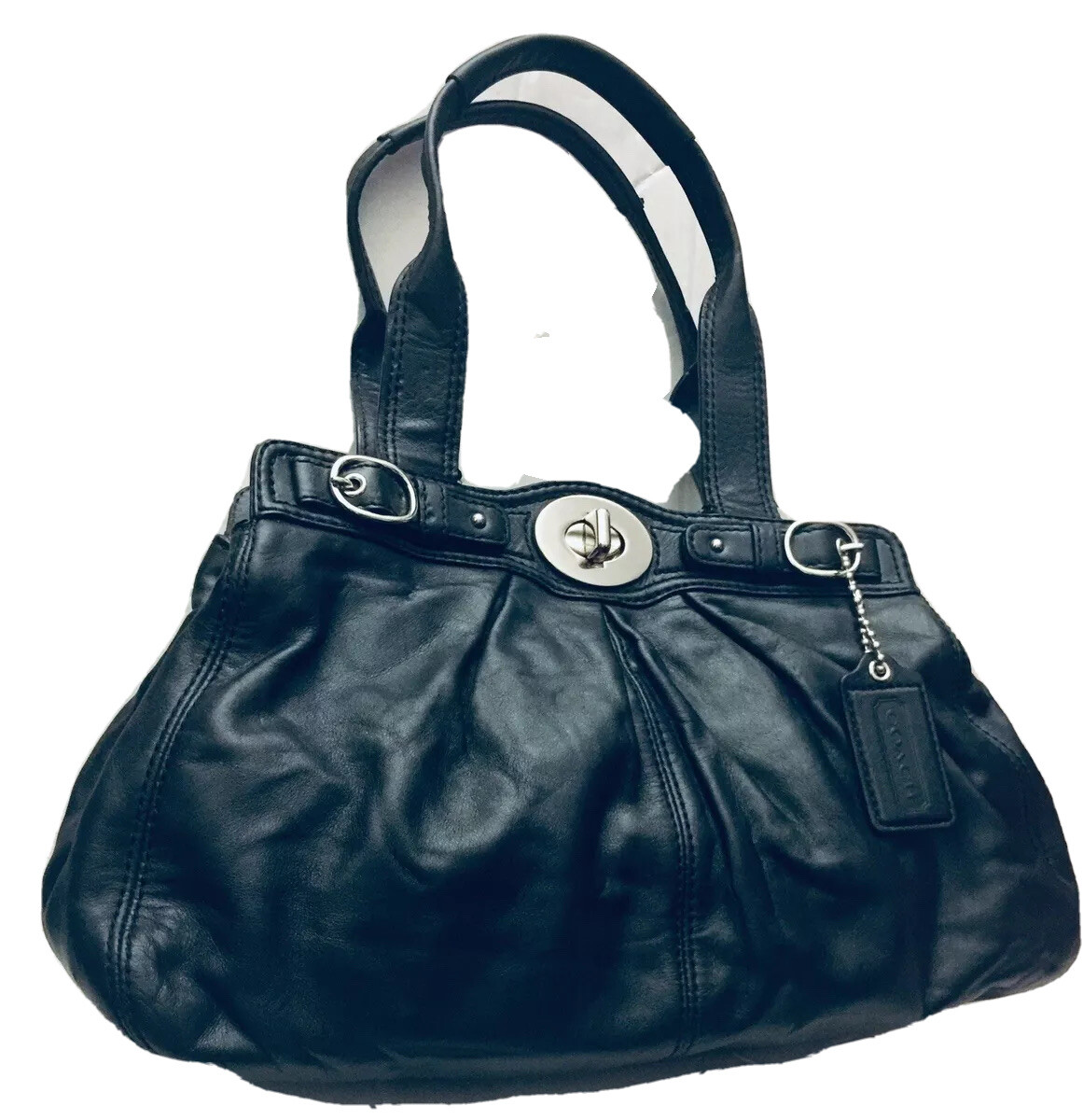 PLEATED COACH SATCHEL TOTE HANDBAG BLACK LEATHER BASE STUDS