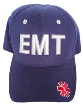 MENS NAVY BLUE EMT CAP 3D EMBROIDERED FRONT OF CAP/ RED STAR OF LIFE L BILL