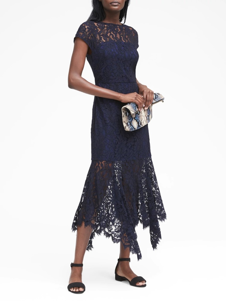 lace trumpet midi dress Scalloped Lace Trumpet Midi Dress