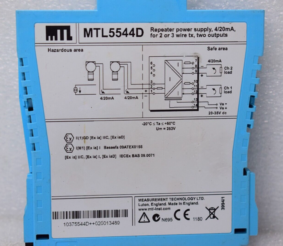 MTL5544D REPEATER POWER SUPPLY 4/20mA FOR 2 OR 3 WIRE TX, TWO
