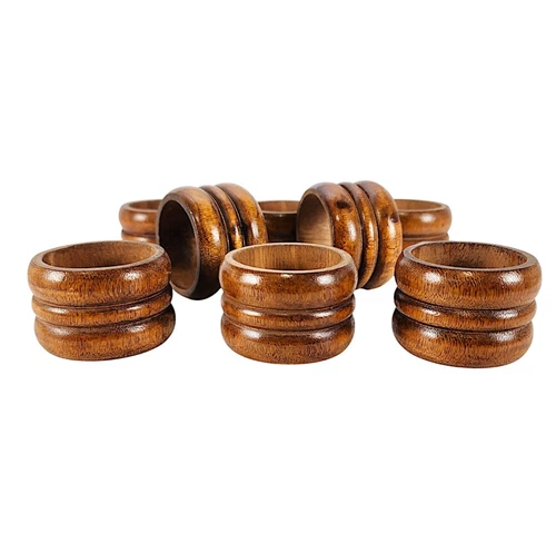 Dark Ribbed Wood Napkin Holders Rings, Set of 8