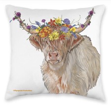 Scottish Highland Cow Floral Throw Pillow, Decorative Pillow, Cute Country Accen