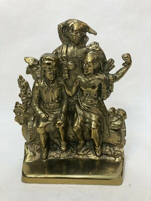 Brass Natty Bumppo & Chief Chingachgook Seated log w/Uncas behind them Bookend