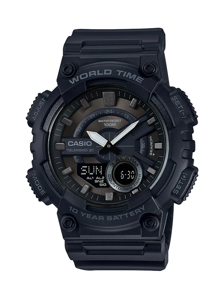 Reloj Casio Hombre Cuarzo Hora Mundial Ana-Digi Correa Resina Negra 52mm AEQ110W-1BV