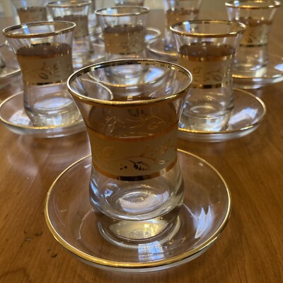 Turkish Tea/coffee  Set of 12 Cups & Saucers, 24 Pieces. Gold Trim & Floral Band