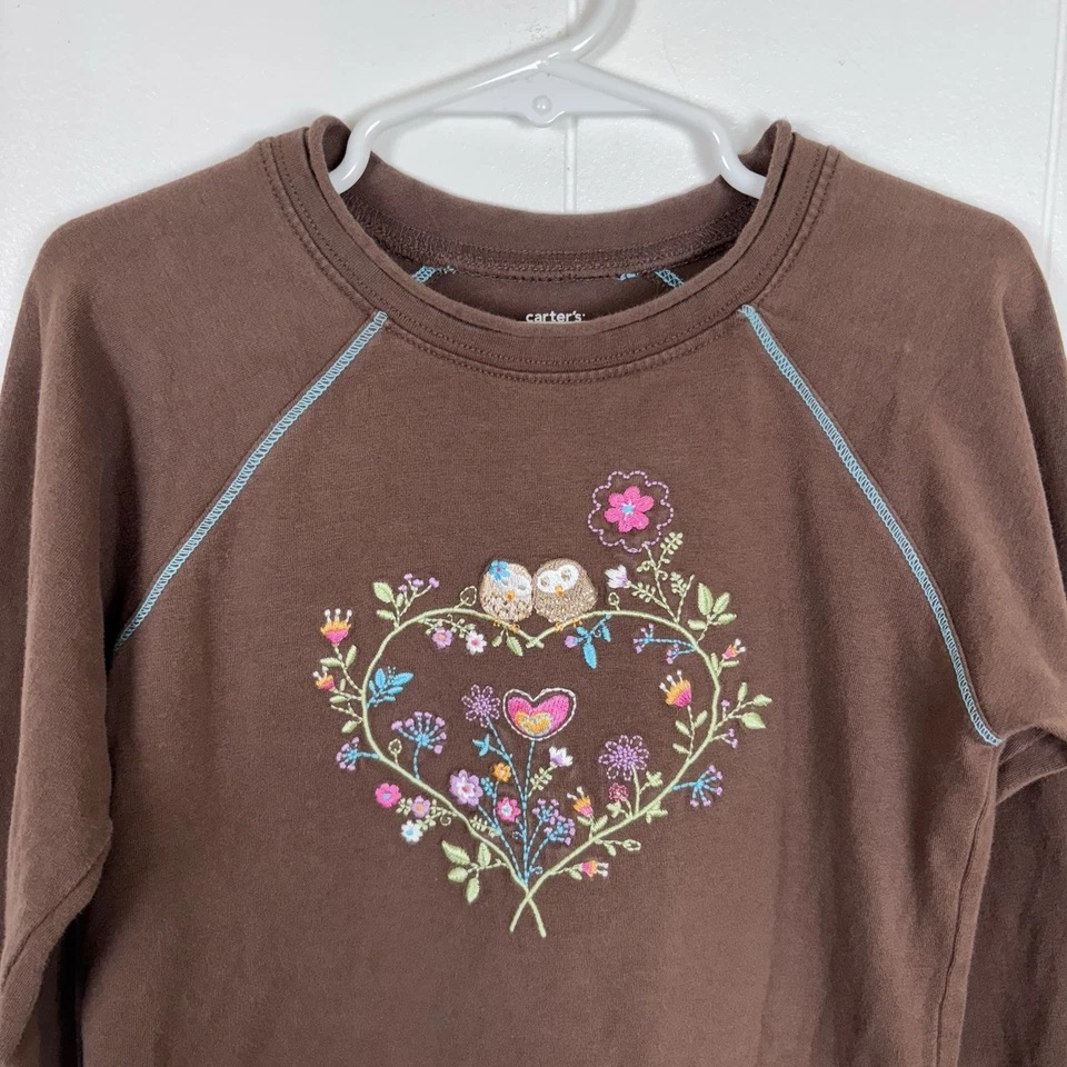 Camisa De Colección Y2K Carter's Marrón Búho Niñas Manga Larga Bordada Talla 5Y-6Y Foto 2 de 4