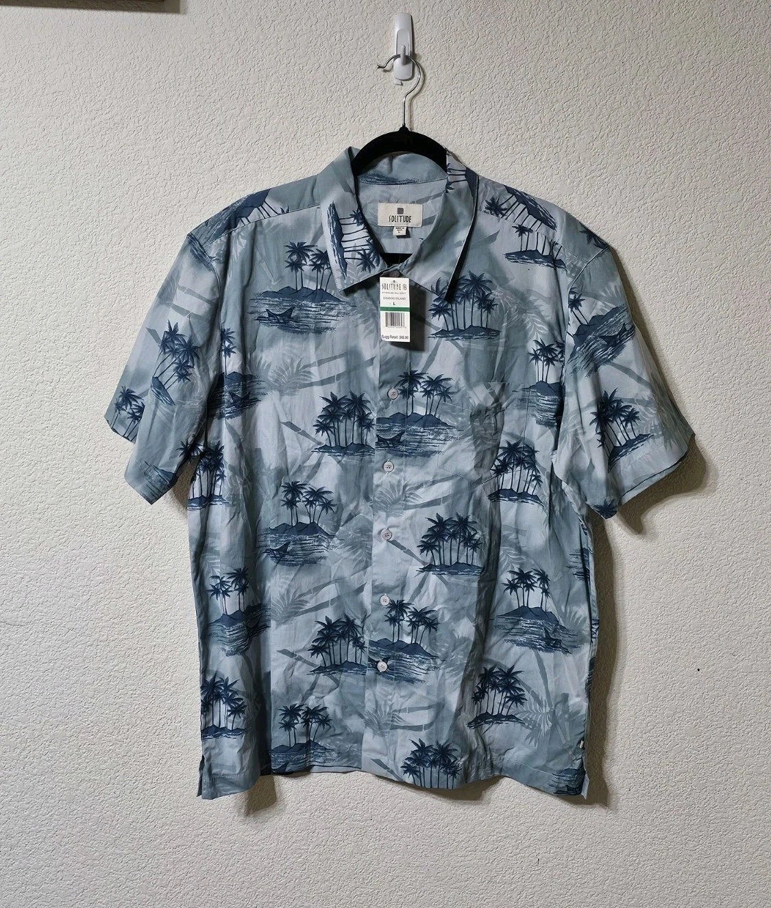 Solitude Shirt Mens L Blue Hawaiian Short Sleeve Button Up Pocket Cotton
