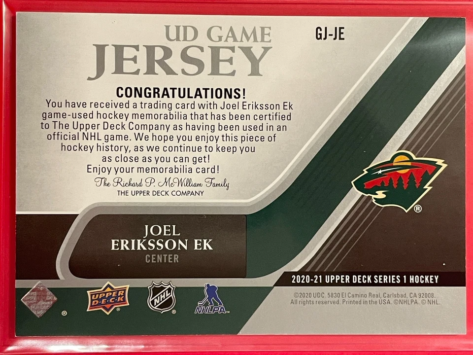 2020-21 Upper Deck Joel Eriksson Ek UD Game Jersey #GJ-JE Hockey Minnesota Wild - Image 2 of 2