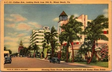 COLLINS AVENUE Hotel Row MIAMI BEACH, Florida FL linen Postcard