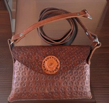 Artisan Hand Made Brown Leather Hand Tooled Embossed Crossbody Shoulder Bag Boho