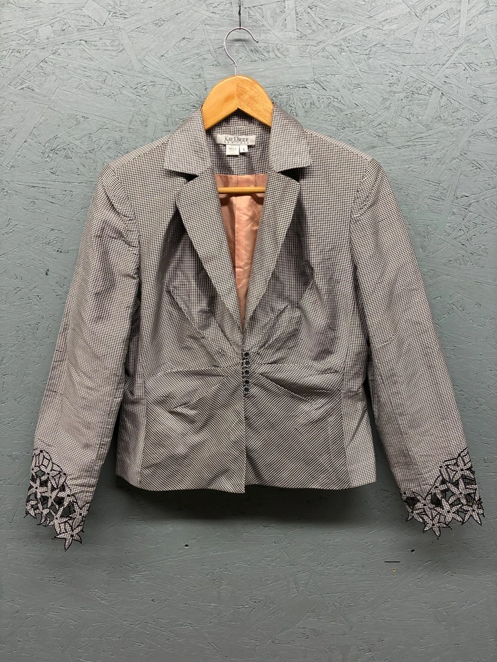 Traje Falda Kay Unger New York Para Mujer Talla 6 Negro Blanco Pata de Gallo Seda Foto 2 de 4