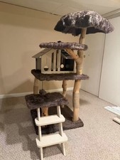 Solid Wood Cat Tree with Luxury Cat Condo, Modern Cat Tree Tower with Wood Ladde