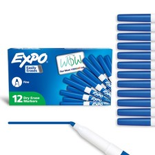 Dry Erase Markers, Low Odor Ink, Blue, Fine Tip, 12 Count - Whiteboard, Calen...