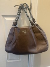 PRADA Chocolate Brown CERVO LUX Leather Silver Logo X-Large Hobo Shoulder Bag
