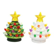 Ceramic Christmas Tree Mini 2pc 3.5”H LED Light up Battery Operated Cell 