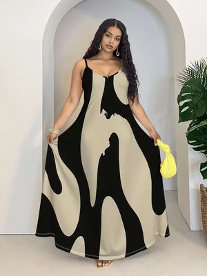 Plus Size Women's Elegant A-Line Long Dress Flowing, Abstract Party Dress, strap