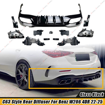 C63 STYLE REAR DIFFUSER W/ BLK CHROME EXHAUST TIPS FOR 22-26 C200 C300 AMG W206