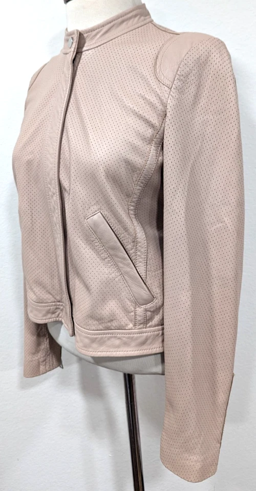 REBECCA TAYLOR Perforated Baby Pink LAMBSKIN LEATHER Moto Jacket Sz 2 $995 EUC * - Image 2 of 4