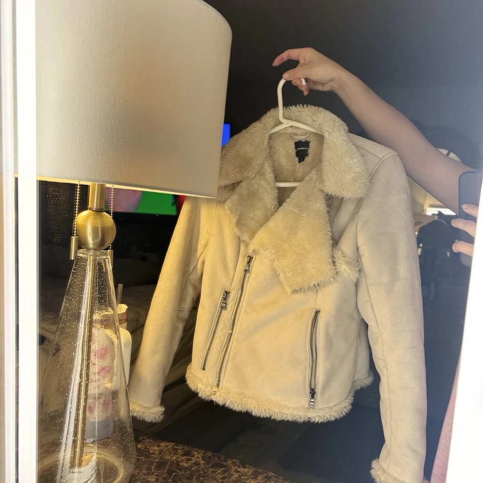 Express-Shearling Moto Jacket-Tan Faux Suede/Fur-S Cozy Winter Outerwear - Image 2 of 4