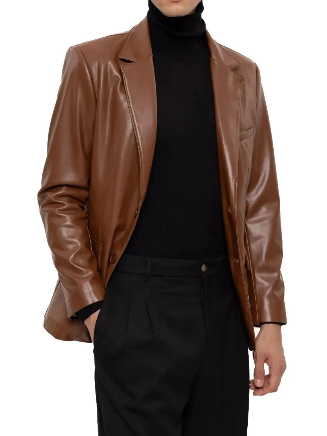 Leather Blazer Jacket Men's Coat Lambskin Soft Men Two Real Button 100% Tan 52