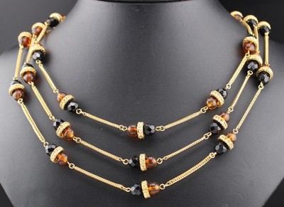 Vintage Signd Monet Black Amber Glass Beads Gold Tone Layered Waterfall Necklace