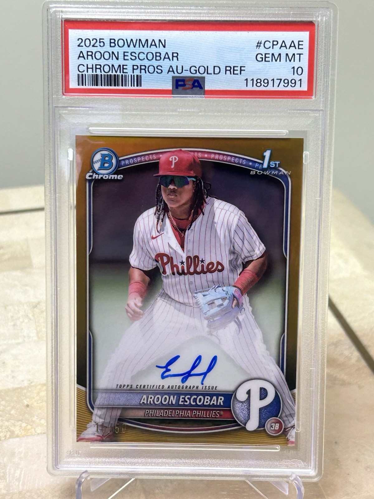 2025 Bowman Chrome Pros Auto Aroon Escobar #CPAAE  Gold Refractor /50 PSA 10