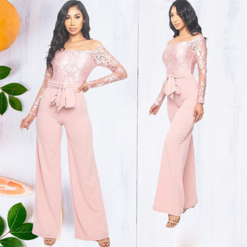 Off The Shoulder Sheer Embroidered Lace Flared Pant Pink Wedding Jumpsuit JS4031 - Picture 1 of 11