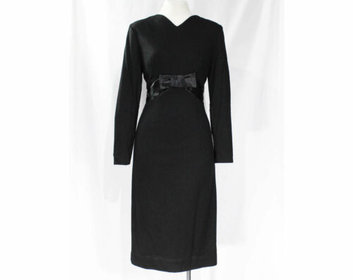Size 6 Black 1960s Wiggle Dress - Audrey Style Wool Jersey Knit - Sexy 50s 60s - Picture 1 of 7