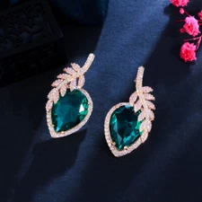Yellow Gold Plated CZ Green Leaf Feather Drop 925 Silver Pin Earrings for Brides