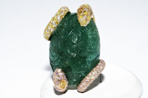 $69,000 53.82CT AGL CERTIFIED CARVED EMERALD & FANCY COLOR DIAMOND SNAKE RING - Picture 1 of 12