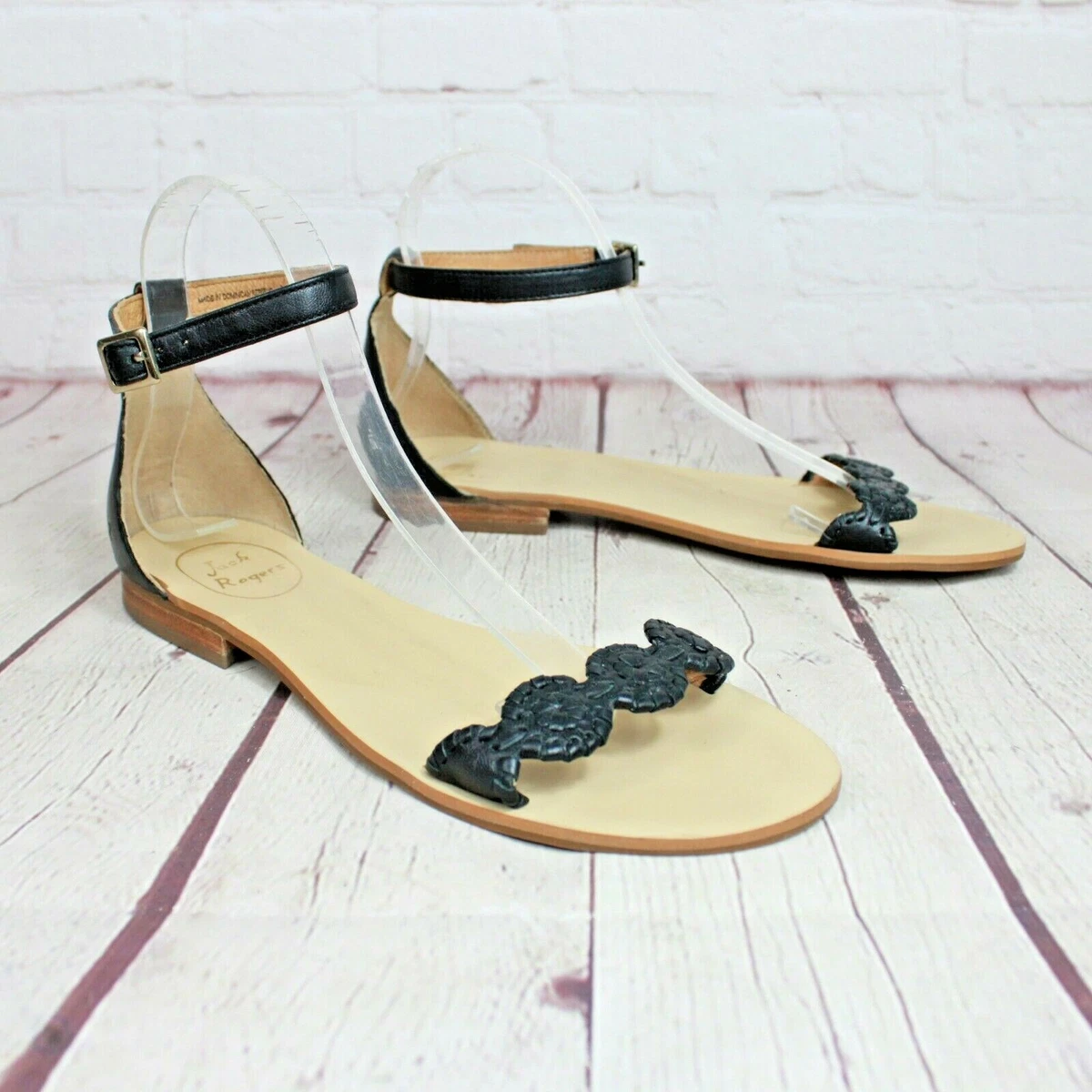 Jack Rogers Womens Natural Jacks Leather Sandals Size 8.5 Black