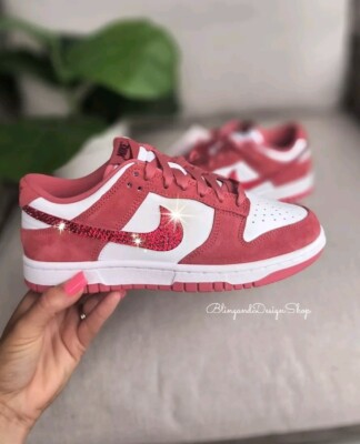 Bling Nikes Dunk Low Valentines Day 2024 Pink Sneakers custom with Red  Crystals